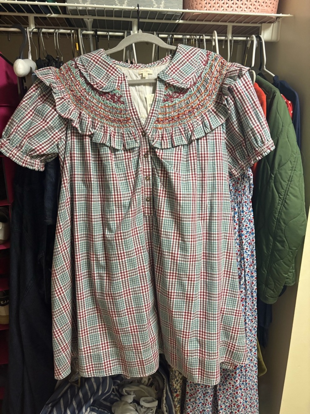 Anthropologie Red Green Checkered Ruffle-Yoke Dress